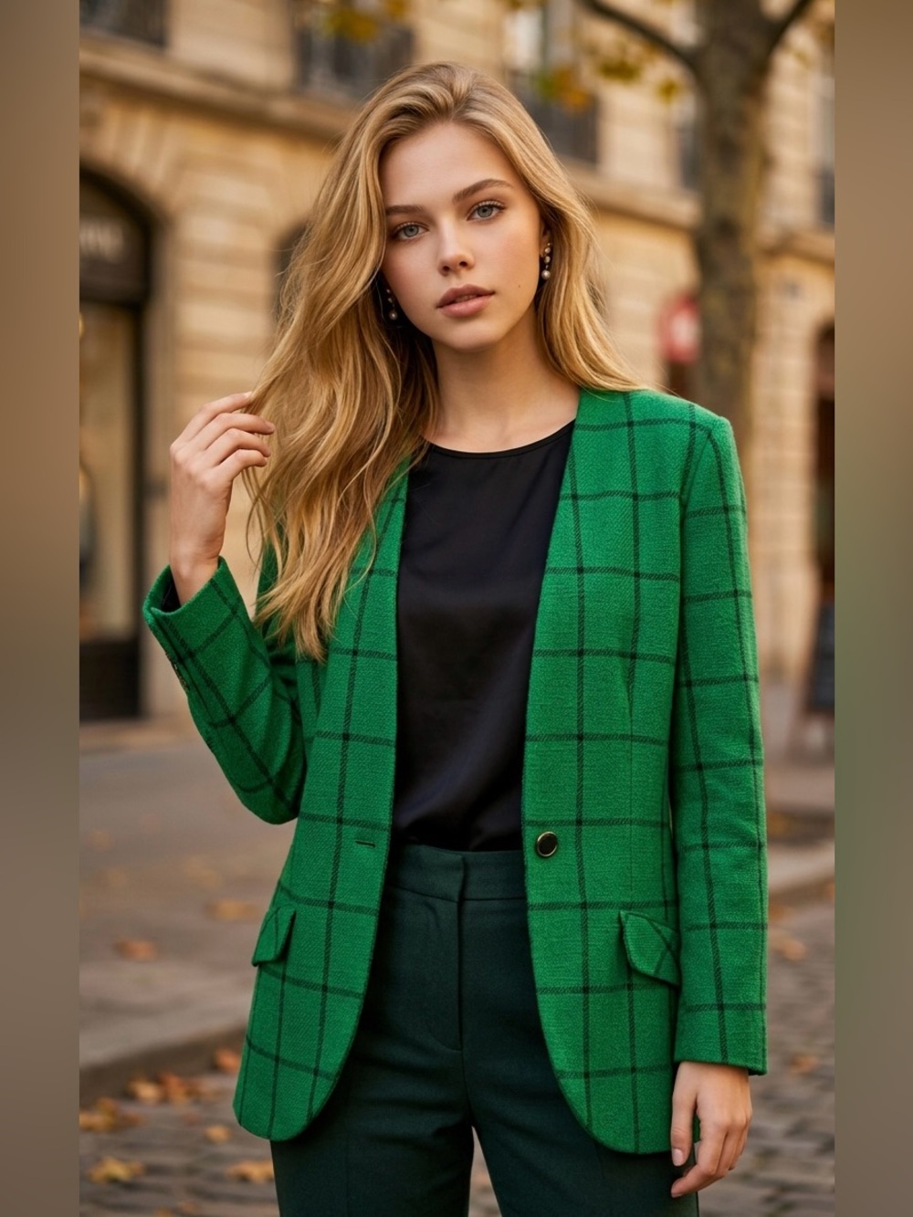 Cary Robbins 90’s Sz M Vintage Women's Green Windowpane Blazer faux pockets